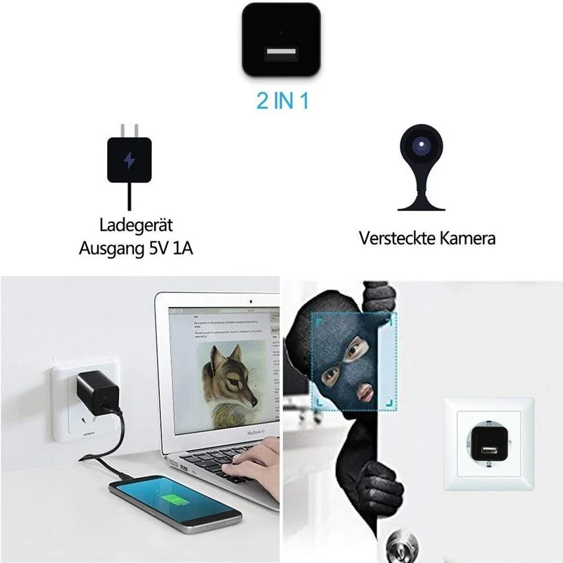 Usb Ladegerät mit versteckte Kamera Mini Spycam Spionage Video Ton Aufnahme mit Bewegungsmelder